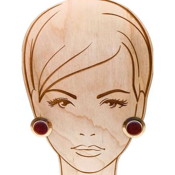 Chic Enamel Stud Earrings, Vintage Burgundy Circles on Gold Tone - Picture 3 of 4